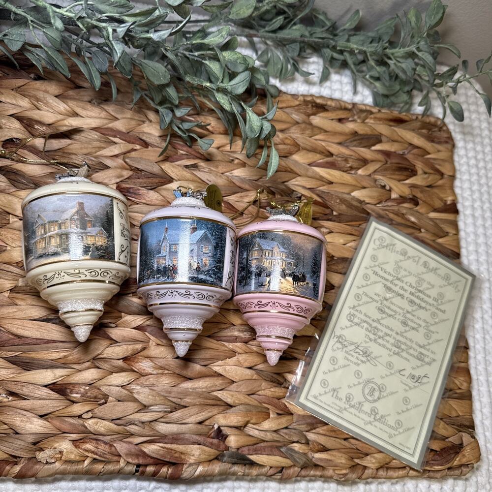 Bradford Exchange Thomas Kinkade 3 Heirloom Glass Christmas Ornaments 2nd issue